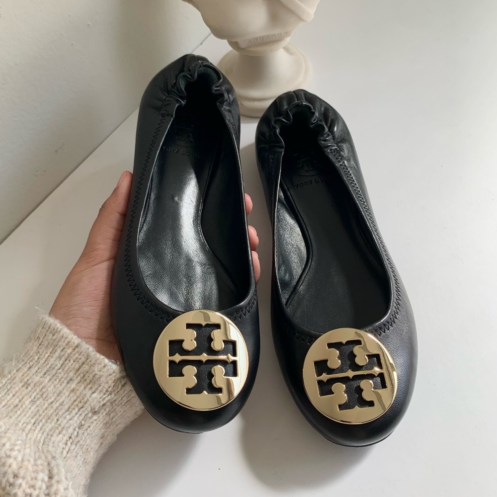 Tory Burch Black Ballet Flats Leather Gold Monogram Size 6 Slip On